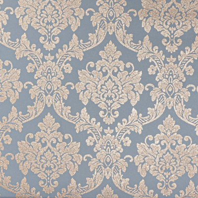 Grey Gold Glitter Wallpaper Oriental Floral Damask Shimmer Vinyl Paste The Wall
