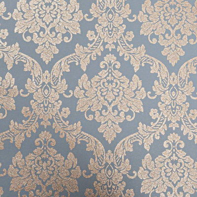 Grey Gold Glitter Wallpaper Oriental Floral Damask Shimmer Vinyl Paste The Wall