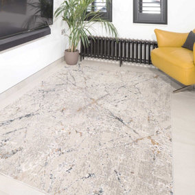 Grey Gold Metallic Distressed Abstract Living Area Rug 60x110cm