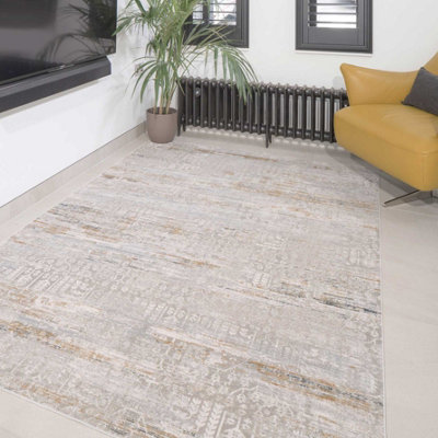 Grey Gold Metallic Floral Motif Distressed Living Area Rug 120x170cm