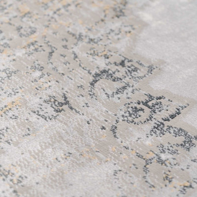 Grey Gold Metallic Traditional Medallion Distressed Living Area Rug 70x240cm