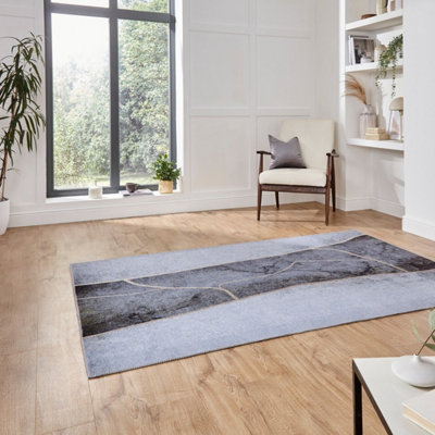 Grey Gold Modern Easy to Clean Abstract Rug for Living Room, Bedroom - 150cm X 230cm