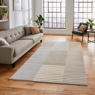 Grey Gold Striped Modern Easy To Clean Dining Room Rug-160cm X 220cm