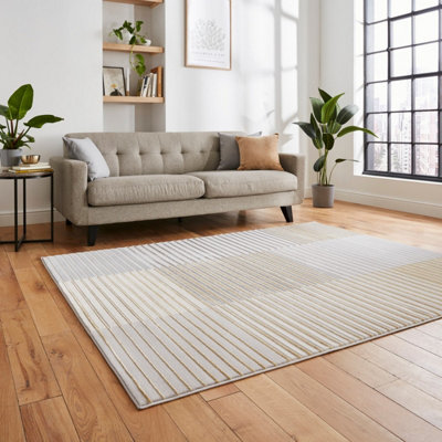 Grey Gold Striped Modern Easy To Clean Dining Room Rug-160cm X 220cm