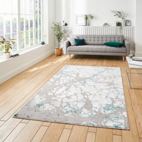 Grey Green Abstract Modern Easy To Clean Dining Room Rug-120cm X 170cm