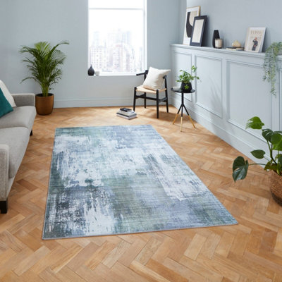 Grey Green Abstract Modern Rug Easy to clean Living Room and Bedroom ...