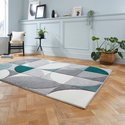 Grey Green Modern Abstract Geometric Easy To Clean Dining Room Rug-120cm X 170cm