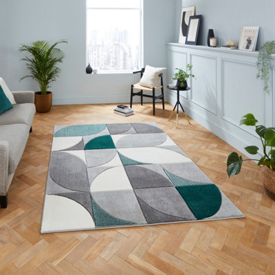 Grey Green Modern Abstract Geometric Easy To Clean Dining Room Rug-80cm X 150cm