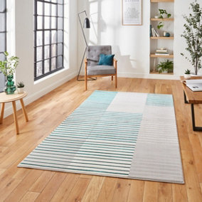 Grey Green Striped Modern Rug Easy to clean Dining Room-120cm X 170cm