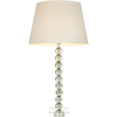 Grey Green Tinted Crystal Glass Table Lamp - Ivory Fabric Shade - 590mm Tall Light - 7W LED E14