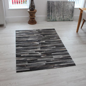 Grey Handmade , Luxurious , Modern , Cowhide Wasy to Clean Leather Striped Rug for Living Room, Bedroom - 120cm X 170cm