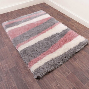 Grey Handmade Shaggy Sparkle Striped Easy to Clean Polyester Rug for Living Room, Bedroom - 120cm X 170cm