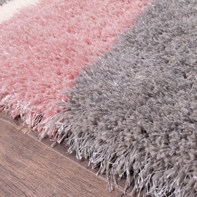 Grey Handmade Shaggy Sparkle Striped Easy to Clean Polyester Rug for Living Room, Bedroom - 160cm X 225cm