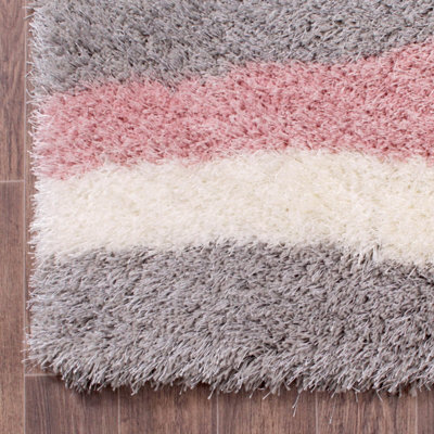 Grey Handmade Shaggy Sparkle Striped Easy to Clean Polyester Rug for Living Room, Bedroom - 160cm X 225cm