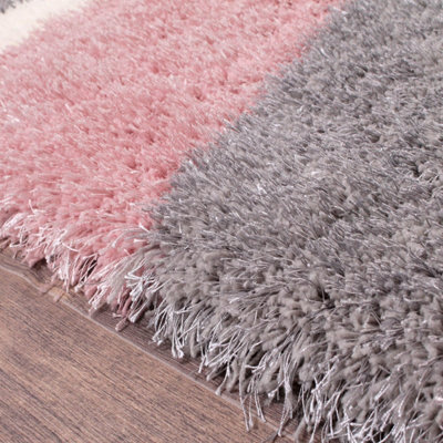 Grey Handmade Shaggy Sparkle Striped Easy to Clean Polyester Rug for Living Room, Bedroom - 80cm X 150cm