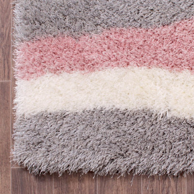Grey Handmade Shaggy Sparkle Striped Easy to Clean Polyester Rug for Living Room, Bedroom - 80cm X 150cm