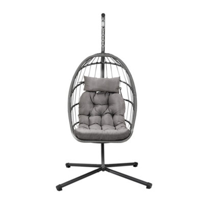 Grey Hanging Chair with Black Stand and Dark Grey Cushion