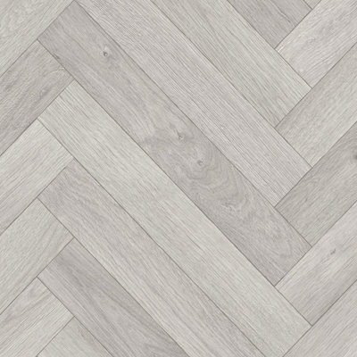 Grey Herringbone Wood Effect Vinyl Flooring For LivingRoom, Kitchen, 2.8mm Cushion Backed Vinyl Sheet -2m(6'6") X 3m(9'9")-6m²