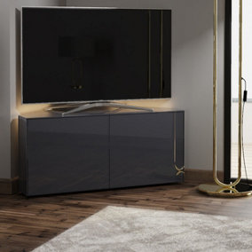 Grey high gloss SMART corner TV cabinet with wireless phone charging and Alexa or app operated LED mood lighting