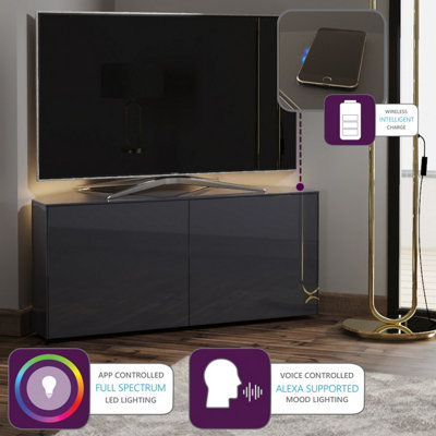 Grey high gloss SMART corner TV cabinet with wireless phone charging and Alexa or app operated LED mood lighting