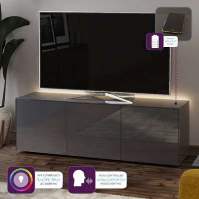 Grey high gloss SMART large TV cabinet with wireless phone charging and Alexa or app operated LED mood lighting