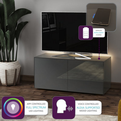 Grey high gloss SMART TV cabinet with wireless phone charging and Alexa or app operated LED mood lighting