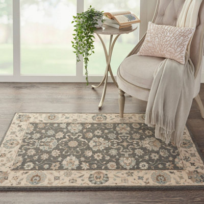 Grey Ivory Aqua Luxurious Traditional Easy to clean Rug for Dining Room Bed Room and Living Room-168cm X 251cm