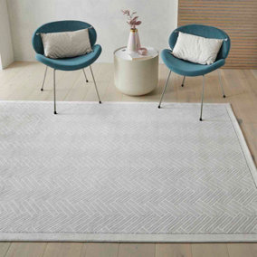 Grey Ivory Easy to Clean Modern Chequered Geometric Dining Room Bedroom and Living Room Rug-120cm X 180cm