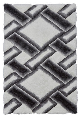 Grey/Ivory Rug, Anti-Shed Handmade Rug, Abstract Optical (3D) Rug, Modern Shaggy Bedroom & DiningRoom Rug-120cm X 170cm