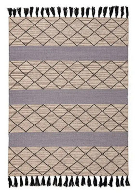 Grey Kilim Handmade Modern Chequered Geometric Wool Dining Room Bedroom & Living Room Rug-160cm X 210cm