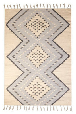 Grey Kilim Handmade Modern Chequered Geometric Wool Dining Room Bedroom & Living Room Rug-160cm X 210cm