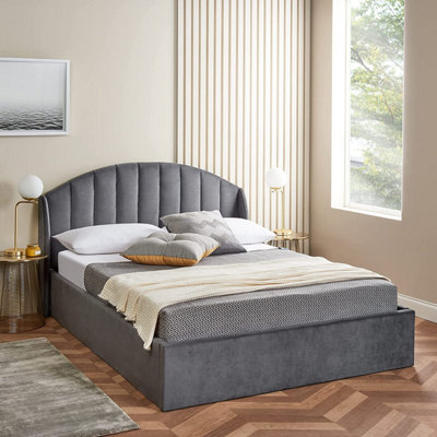 Grey King Size Ottoman Bed With Curved Headboard & Wings