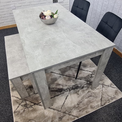 Grey Kitchen Dining Table, 2 Black Tufted Velvet Chairs and 1 Bench Dining Set (140x80x75)