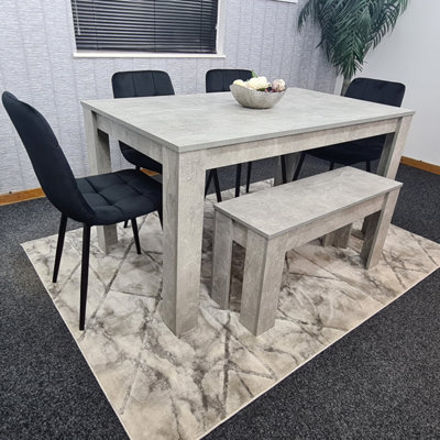 Grey Kitchen Dining Table, 4 Black Tufted Velvet Chairs and 1 Bench ...