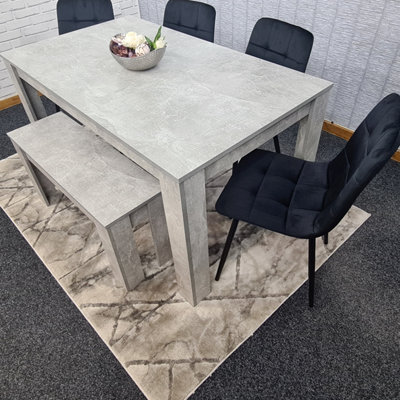 Grey Kitchen Dining Table, 4 Black Tufted Velvet Chairs and 1 Bench ...
