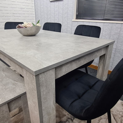 Grey Kitchen Dining Table 4 Black Tufted Velvet Chairs and 1 Bench Dining Set 140x80x75