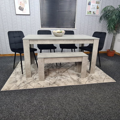 Grey Kitchen Dining Table, 4 Black Tufted Velvet Chairs and 1 Bench ...