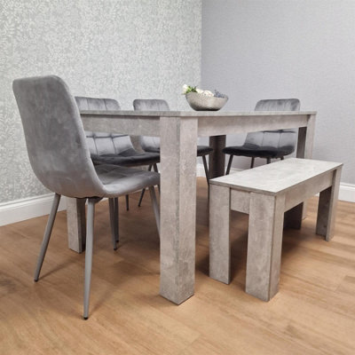 Grey Kitchen Dining Table, 4 Grey Tufted Velvet Chairs and 1 Bench