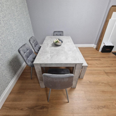 Grey Kitchen Dining Table, 4 Grey Tufted Velvet Chairs and 1 Bench Dining Set (140x80x75cm)