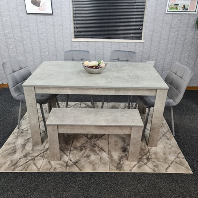 Grey Kitchen Dining Table, 4 Grey Tufted Velvet Chairs and 1 Bench