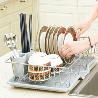Grey Kitchen Dish Drainer Rack Dish Drying Rack with Cutlery Holder