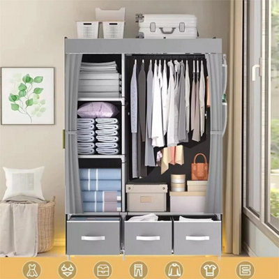 Grey Large Fabric Wardrobe with Hanging Rail and Shelving Storage