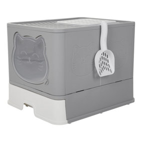 Grey Large Hooded Cat Litter Box Litter Tray with Scoop Odour Removal