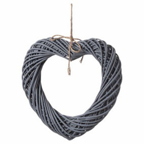 Grey Large Wicker Hanging Heart With Rope Detail - L9 x W50 x H50 cm
