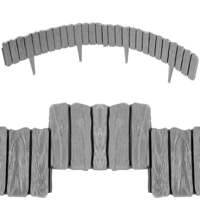 Grey Lawn Edging Border - 2.26 m / 7.4 ft Long Garden Palisade with Wood Bark Effect - Fencing with Ground Stakes