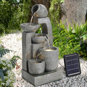 Grey Layered Cascade Waterfall Solar Powered Resin Water Fountain with LED Light 64 cm