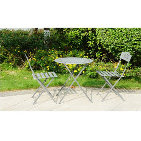 Grey Leaf 3 Piece Metal Garden Outdoor Folding Chairs Table Bistro Furniture Set