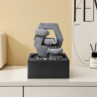 Grey LED Lighting Stacked Tabletop Fountain Water Feature