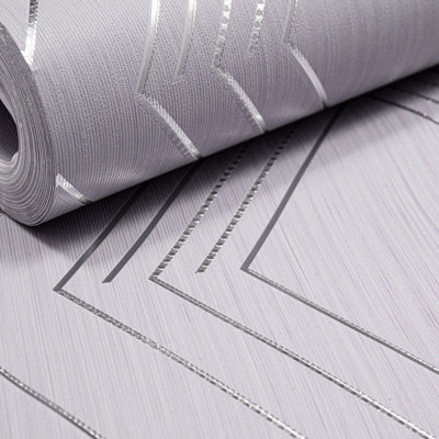 Grey Lilac Geometric Wallpaper Silver Metallic Foiled Vinyl Textured Heavyweight