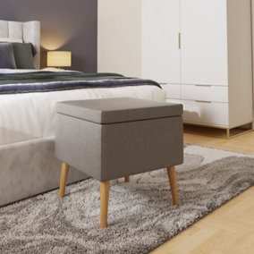 Grey Linen Ottoman Footstool Storage Seat With Solid Wooden Legs